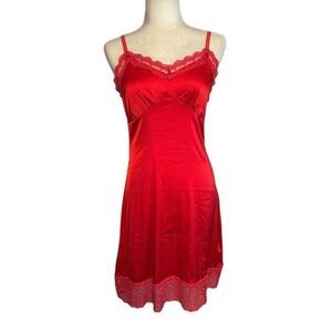Belle Paque Solid Red Satin Lace V Neck Mini Slip Dress Small
